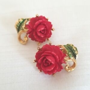 Vintage Gold Red Rose Leaves Clip On Earrings